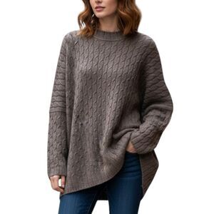 eskandar 100% Cashmere Cable Knit Oversized Sweater Handloomed Scotland Taupe OS